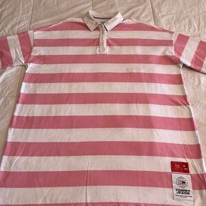 Vintage Tommy Hilfiger Pink and White Striped Rugby Shirt (oversized)